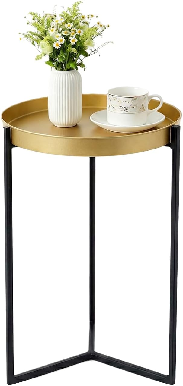 DDK 16" Round Side Table, Removable Gold Tray Top Metal End Table, Modern Small Nightstand Accent Table for Living Room Bedroom Nursery Bathroom Small Spaces