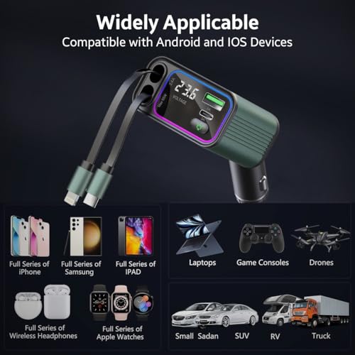 Image of AMPERE 90W Retractable Car Charger - 4 in 1 Fast Car Charger with USB-C & Lightning Cables & Dual USB Ports (Type-C PD & USB-A), LED Indicator, Compatible with iPhone & Type-C Android Smartphones