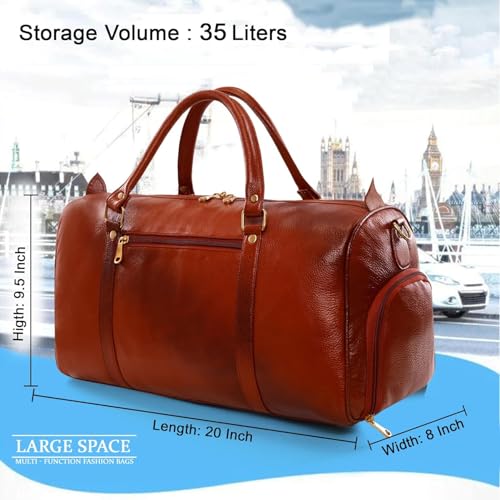 Image of RICHSIGN Leather Accessories 24 litres Duffle Bags for Men Travel (Weight-1 KG /1000 GR)(Dimension = H- 12 x L- 20 x W- 8 Inch) (U TAN)