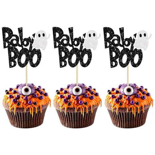 24Pcs Baby Boo Cupcake Toppers Black Glitter Spooky Little Boo Ghost Cupcake Picks for Halloween Theme Baby Shower Kids Boys Girls Birthday Party Cake Decorations Supplies