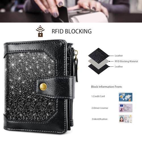 Image of Women Leather Wallet RFID Blocking Small Bifold Zipper Pocket Wallet Card Case Purse with ID Window, Black Glitter