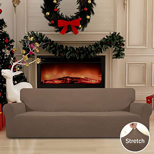 Image of Easy-Going Stretch 4 Seater Sofa Slipcover 1-Piece Sofa Cover Furniture Protector Couch Soft with Elastic Bottom for Kids, Polyester Spandex Jacquard Fabric Small Checks Brown