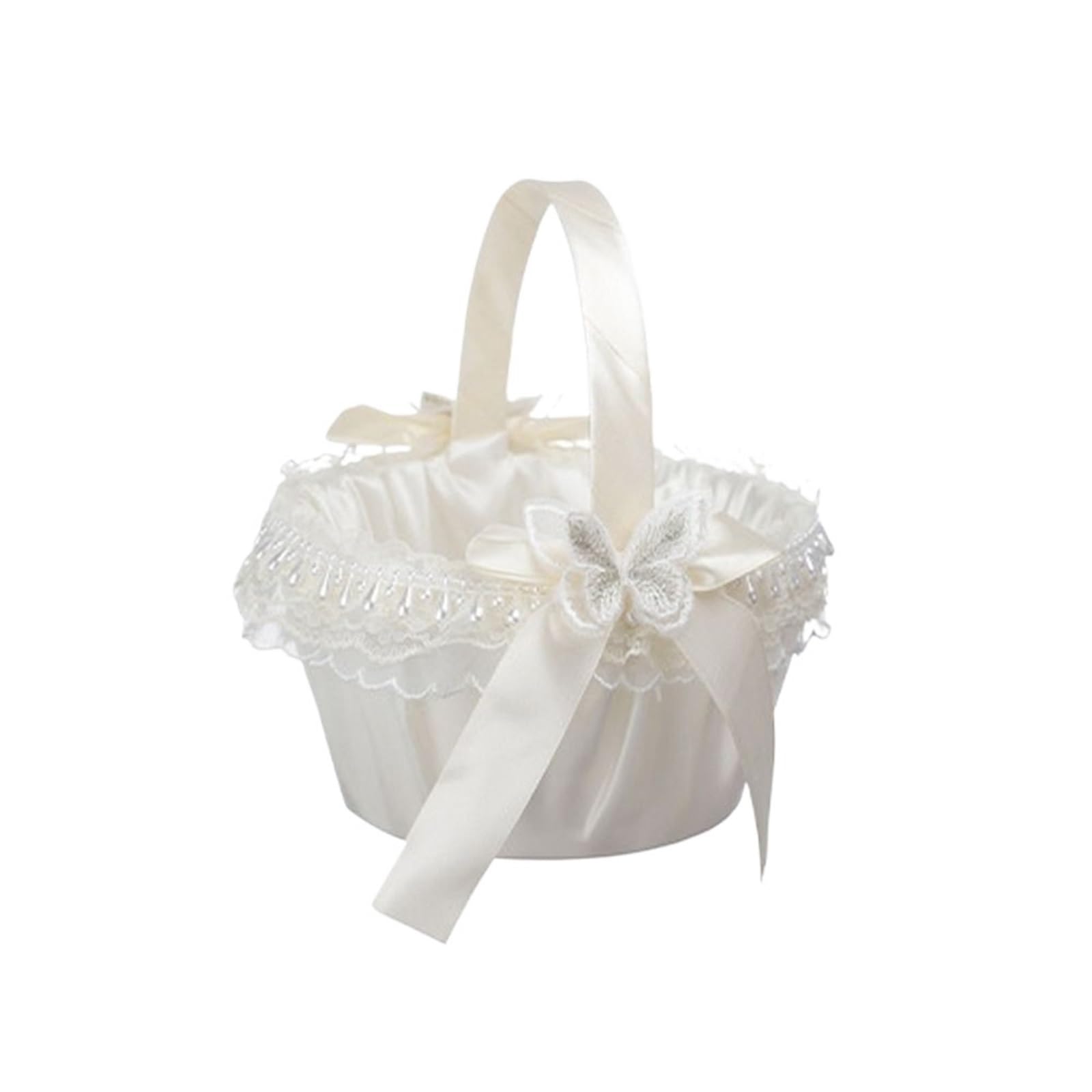 Flower Girl Bow Basket Satin Rose Pearl Handle