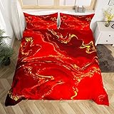 Manfei Red Marble Duvet Cover Set Queen Size, Luxurious Red Gold Marbling Comforter Cover with 2 Pillowcases, Abstract Stone Texture Bedding Set 3pcs for Kids Boys Girls Lightweight Bedspread Cover