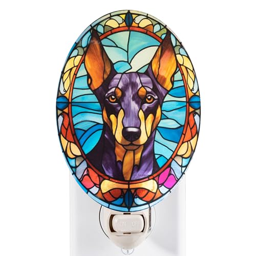Image of Dog Night Light Doberman, Stained Glass Styled Plug-in Wall Nightlight, Bulb Included, Pet Memorial Dog Lover Gift, Bedroom Hallway Bathroom Decor, Manual On /Off Switch