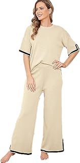 2 Piece Knit Lounge Set Oversized Knit Lounge Set, Round Neck Two Piece Outfits, Oversized Pullover Loose Knit Set, Elastic Short Sleeve Set with Wide Leg Pant for Wearing Comfortable