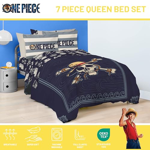 Image of One Piece Luffy Queen Comforter Set 7 Piece Soft Anime Bedding, Blue | Bed in a Bag, Comforter Sheets Shams Pillowcases, Official Product, Soft Microfiber, Machine Washable, Kids Gift