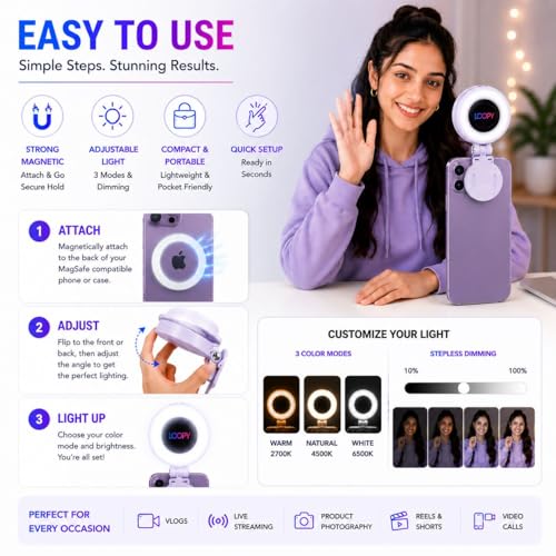 Image of LOOPY Magnetic Selfie Fill Light, 3-in-1 LED Ring Light Compatible with MagSafe, for Selfies, Photography, Vlogging, Makeup, Rechargeable, Portable, White