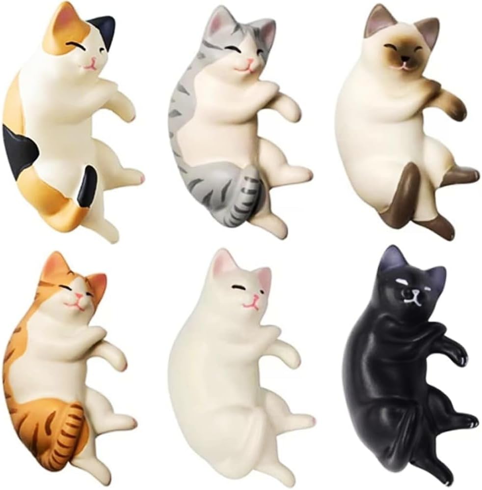 Cute Cat Fridge Magnets, 6 Lying Chubby Kitten Refrigerator Magnets, Mini Kawaii Decorative Magnets for Home Kitchen Office Class Lockers Whiteboard, Gift for Magnets Collector, Light/Strong Magnetic