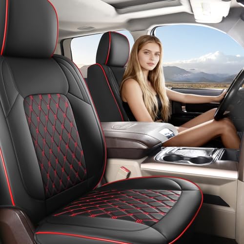 Custom Seat Covers fit for Dodge Ram 1500 2500 3500, Full Coverage Luxury Leather Ram Truck Seat Cover 2009-2025 Compatible with Crew Cab Double Quad Regular (Red, Full Set (Flat Front/Curved Rear))