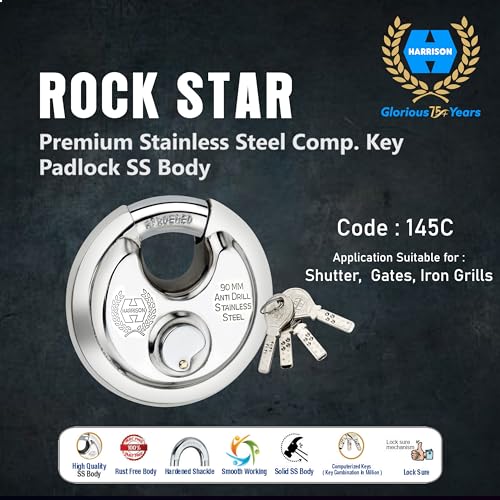 Image of Harrison Padlocks Free / 1 Round Padlock 90Mm 145C with 4 Computerised Key Stainless Steel Material /Bright Chrome Plated Finish /Padlock, Padlocks, Locks for Home, Locks for Main Door