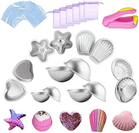 Kyerivs Bath Bomb Molds 14 PCS 5 Shapes Metal Bath Bomb Mold Kit with 100 Shrink Wrap Bags Mini Heat Sealer Heart & Gift Bags for Christmas Women Soap Spa Crafts Gifts Making Supplies