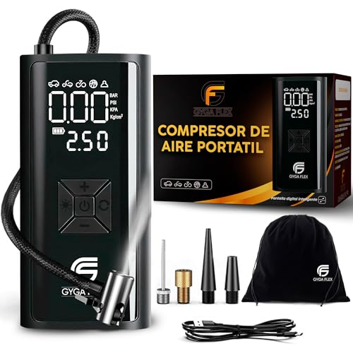 GygaFlex © Compresor de Aire Portatil | Inflador Ruedas Coche 150 PSI (10,3 Bar) 10V | Compresor Aire Coche Bicicleta | Batería Recargable | Con LED | Para Coche Moto Bicicleta Pelota