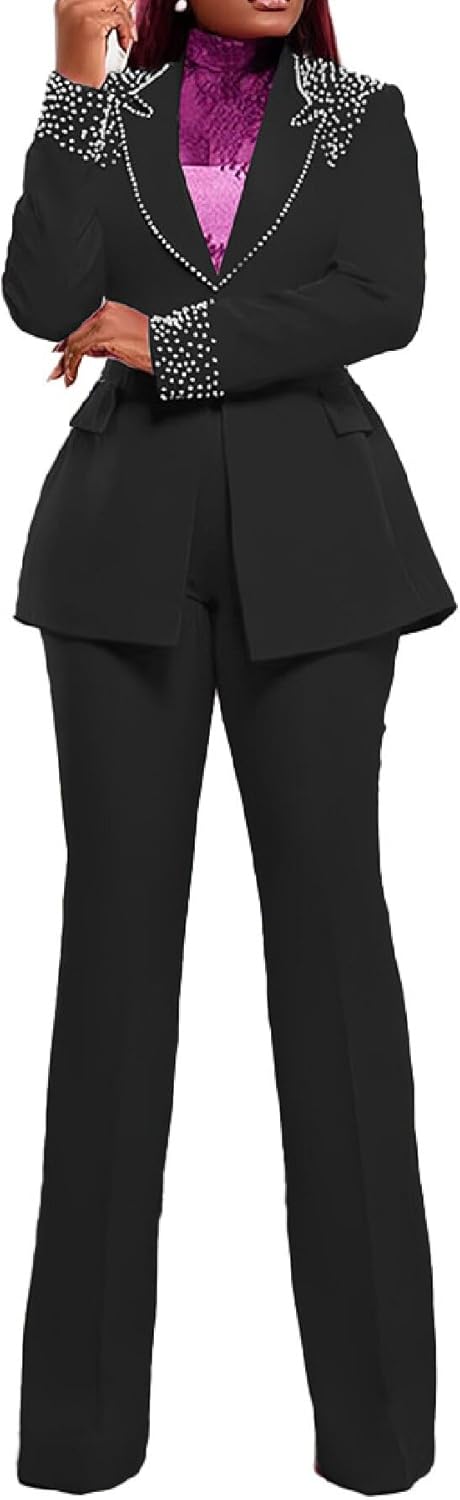 Womens Pants Suits Sets 2 Piece Outfits Business Dressy Pearls Blazers and Flared Pant Suit Set