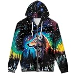 GLUDEAR Unisex Realistic 3D Digital Print Cool Full Zip Up Hoodie Jackets Pullover Hooded Sweatshirt,Forest Wolf Aurora,L