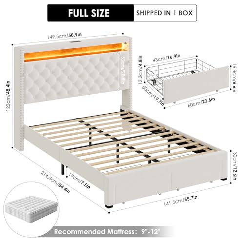 HIFIT Full Size LED Bed Frame with Storage Headboard and Charging Station, Velvet Upholstered Bed Frame Full Size with 2 Drawers, Camas Full with Button Tufted Headboard, No Box Spring Needed, Beige