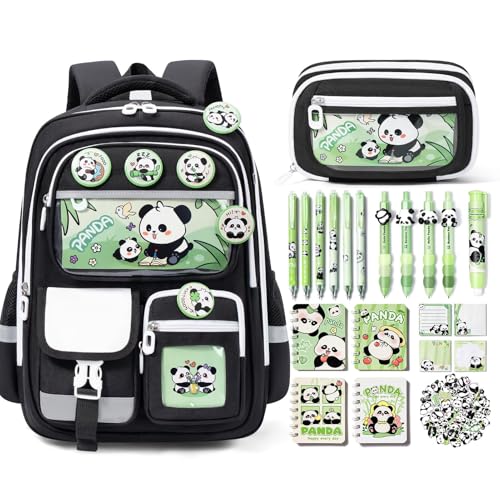 Fimibuke Kids Backpack for School Girls 28PCS Panda Toddler School Supplies Stationery Set with Bookbag Pencil Case Pins Gel Pens Pencils Notebooks for Back to School Kindergarten Elementary Student