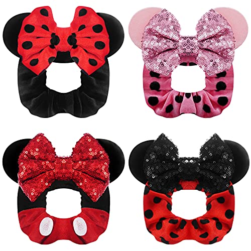 Mouse Ears Scrunchies, Velvet Scrunchies 4 Pcs Cute Hair Ties Rope Sequin Bows Ponytail Holder Hair Accessories for Women Girls Kids, Great Gift for Holiday Seasons
