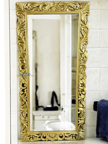 Image of Rectangular Wooden Mirror Frame for Wall Decoration | Wall Mount Frame for Bedroom & Living Room | Solid Mango Wood | Antique Gold Finish | 4 x 2.5 Feet | Mirror Not Included