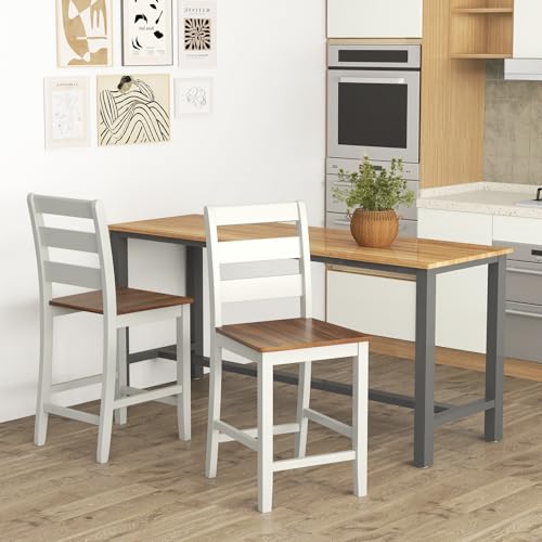 COSTWAY Butaco 24'' de Madera Set de 4 con Respaldo en Escalera | Gris y Nogal, Moderno de Medio Siglo con Reposa Pies, Patas de Madera de Acacia miniatura 4
