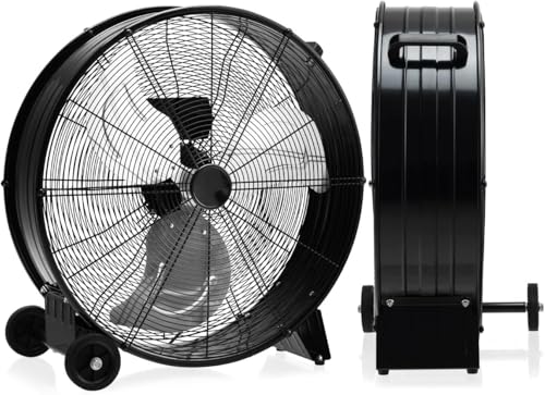RELAX4LIFE Ventilador de Suelo 180W de Φ60cm con 3 Velocidades Ajustables, Ventilador de Tambor de Aluminio y Hierro con 1 Asa y 2 Ruedas para Fábrica, Tienda, Cobertizo (Negro)