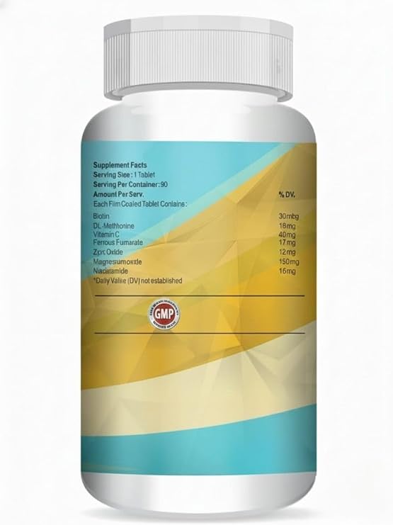 VK Bio.tin 30mcg, Suppl.ement for H.air Growth, Strong Hair and Glowing Skin, Fights Nail Brittleness 90 Tablets