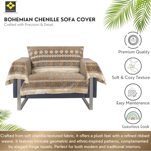 Image of Elegant Woven Brown Sofa Cover Soft Chenille Traditional Pattern with Lace Style | L-Shape Sectional Seat Protector for Living Room | Durable & Stylish Slipcover 1 Seater with Arms