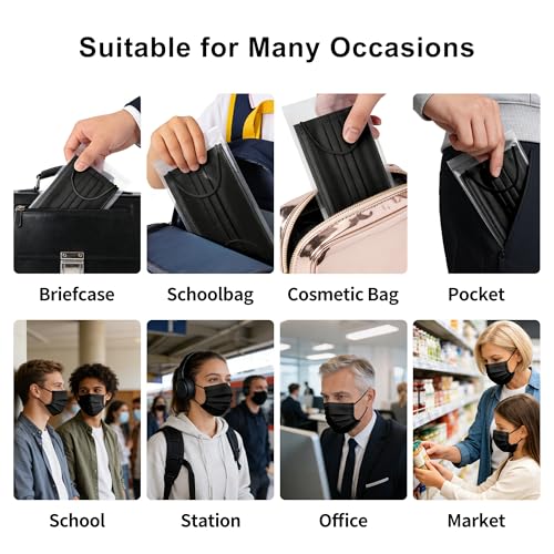 Image of NNPCBT Black Individually Wrapped Masks 50pcs, Disposable Face Masks for Adults, 3 Ply Breathable Face Mask Black Indoor Outdoor