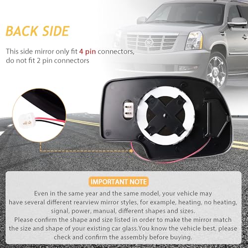 GrteRokky 4 Pins Driver Side Heated Mirror Glass Compatible for 2003-2007 Cadillac Escalade, Chevrolet Avalanche, Silverado, Suburban, Tahoe, GMC Sierra, Yukon - Ext Side View Convex Mirror 88944391 by GrteRokky - Image 3