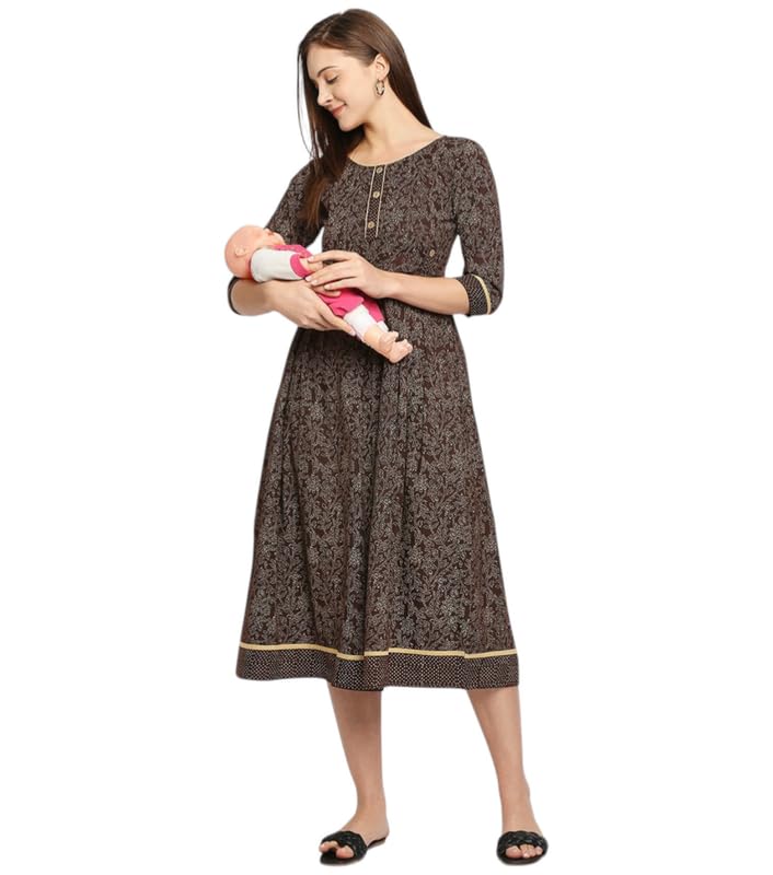 Image of DUMMY SHAPE Feeding Kurtis for Women Cotton Rayon | Printed Pregnancy Flare Kurta with Nursing Zippers to Pre & Post Partum | Maternity Dresses | Gifts for Pregnant Woman