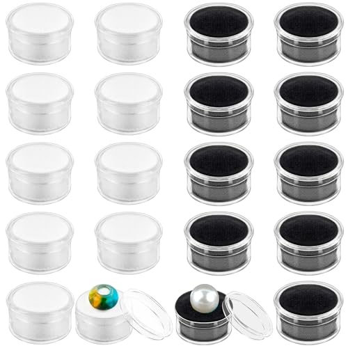 Framendino, 20 Pack Mini Round Stone Jewelry Box Diamond Gemstone Display Case with Lids Sponge Black White