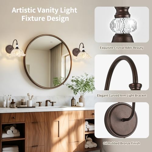 Image of 1-Piece Oil Rubbed Bronze Vintage Wall Sconce with Floral Etched Clear Glass Shade, Farmhouse Wall Mount Lighting for Bathroom,Vintage Bathroom Vanity Light Fixtures