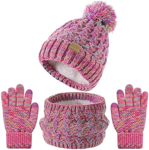 Kids Winter Beanie Hat Scart Gloves Set，Girls Fleece Lined Knitted Pom Hat Neck Warmer Knit Gloves for Children