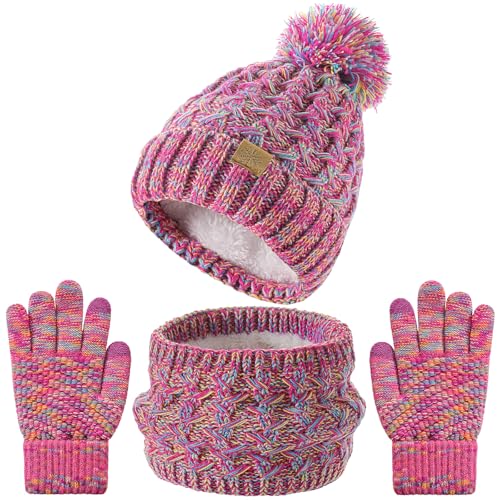 Kids Winter Beanie Hat Scart Gloves SetGirls Fleece Lined Knitted Pom Hat Neck Warmer Knit Gloves for Children