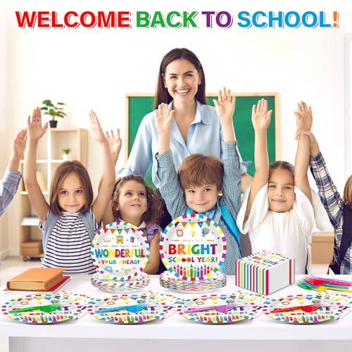 Image of 100PCS Back To School Decorations School Season Supplies Paper Plates Napkins Disposable White Bottom Colorful Pattern Tableware Dinnerware for Student Birthday Picnic First Day of School Serves 25