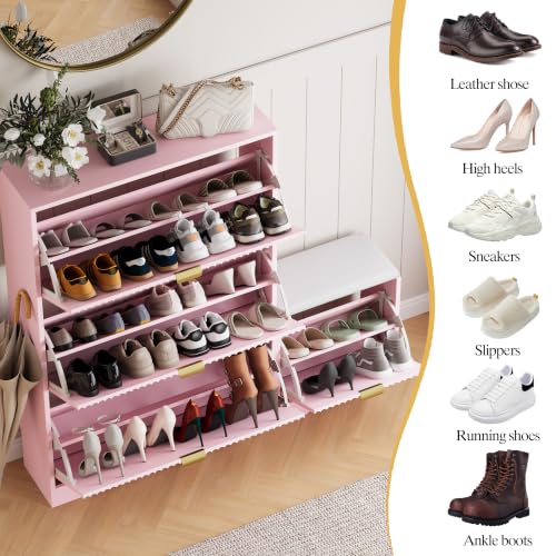 Image of HUANLEGO Shoe Cabinet Storage for Entryway with Flip Drawer & Bench, Pink | Fluted Shoe Cabinet with Bench, Hidden Shoe Rack for Entryway, Freestanding Narrow Shoe Organizer for Hallway, Entrance