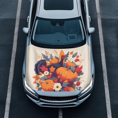 Image of Turkey Pumpkin Hood Cover for Car, Thanksgiving Turkey 3X5FT Automotive Exterior Accessories for SUV Sedans Trucks Stretchable Floral Maple Leaves Car Bonnet Protector