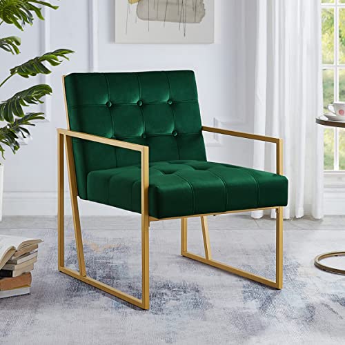 24KF Silla moderna de terciopelo jade con botones y soporte de metal dorado, sillas decorativas para sala de estar y dormitorio, color jade Cover