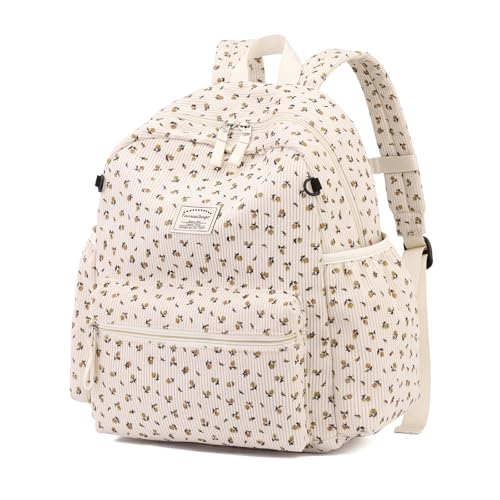Corduroy Kids Backpack for Boys Girls 2-5 Toddler Backpacks for Primary Elementary Kindergarten (Flower Beige, Small (13.7