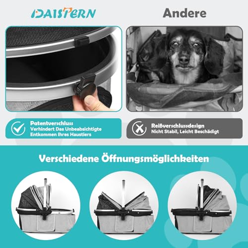 DAISTERN Hundebuggy Hundewagen Klappbar bis 25KG, Hundetrolley Faltbar mit Rahmen aus Aluminiumlegierung, 360° drehbare Gummireifen, Hinterradbremsen, Sicherheitsleine und Bequemes Sitzkissen Grau