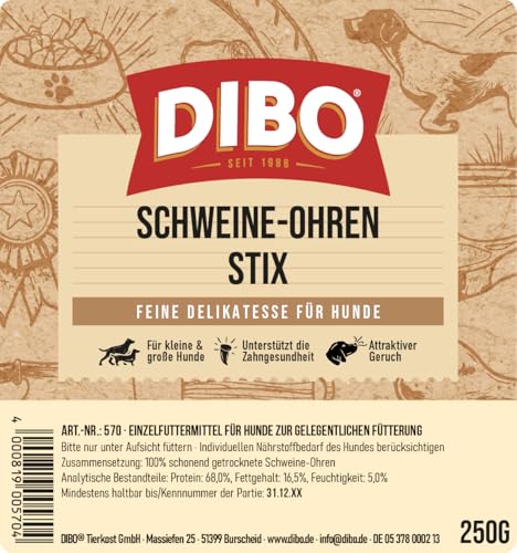 DIBO Schweine-Ohren-Stix, 250g-Beutel, der kleine Naturkau-Snack oder Leckerli für Zwischendurch, Hundefutter, Qualitätskauartikel ohne Chemie von DIBO