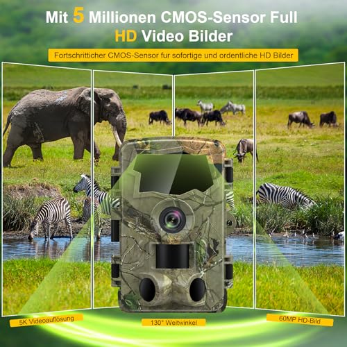 Lutranstra 5K Wildkamera WLAN, 64MP Full HD Wildkamera mit Handyübertragung App, Infrarot Wildtierkamera mit 64G SD Karte & 8*AA-Batterien, Bewegungssensor, Nachtsicht, 0,1s Auslösezeit, IP66