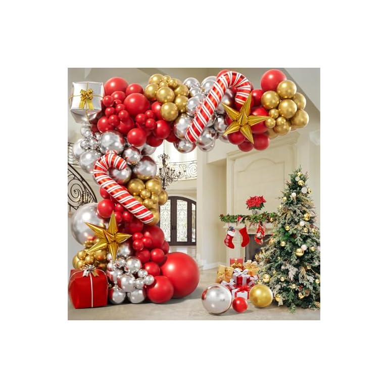 Bonropin Christmas Balloon Garland Arch Kit - Xmas Red Gold Silver Candy Cane Balloons Gift Box Starburst Balloons for New Year Winter Christmas Party Decorations