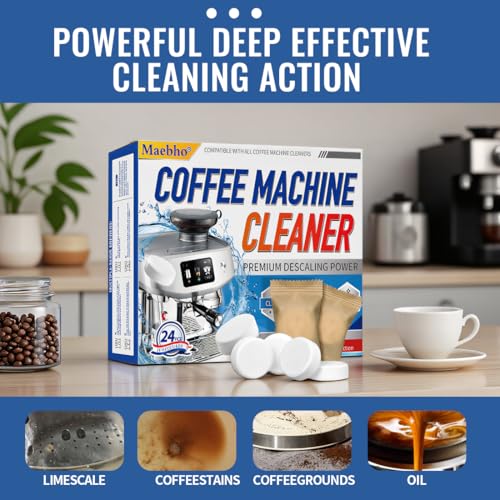 Maebho Coffee Machine Cleaner Descaler Tablets - 24 Count Coffee Maker Cleaner Tablets Deep Cleaning and Descaling Compatible With Nespresso, Keurig, Ninja, Delonghi, Miele,Breville