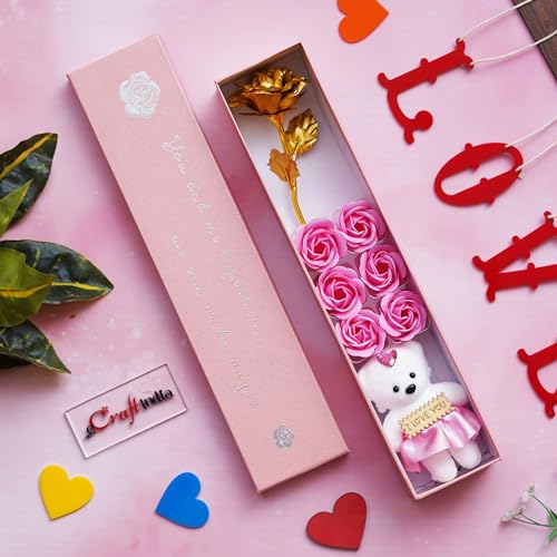 eCraftIndia Valentine Gift for Girlfriend Boyfriend Golden Rose Pink Rose Flowers Teddy Bear You and Me Together Gift Box| Valentine Day Gift for Husband Wife Her Him | Valentine Day Decoration Items 2