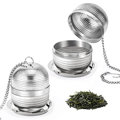 Yoassi 2 Pack Tea Infusers for Loose Tea, Extra Fine Mesh 18/8 Stainless Steel Tea Strainers, Loose Leaf Tea Steeper Tea Ball Tea Diffuser Tea Holder with Extended Chain Hook and Drip Tray