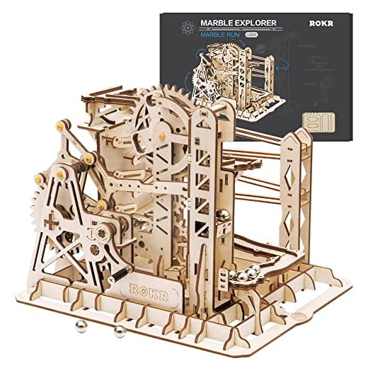 ROKR 3D Assembly Wooden Puzzle Brain Teaser Game Mechanical Gears Set Model Kit Marble Run Set Unique Craft Kits Christmas/Birthday/Valentine's Gift for Adults & Kids Age 14+(LG503-Lift Coaster)
