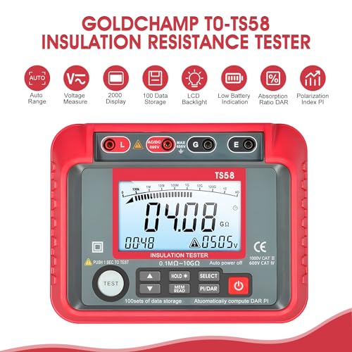Image of Megohmmeter, 1000V /2500V /5000V Digital Insulation Resistance Tester with AC /DC Voltage 10-600V, 100 Data Storage, DAR /PI, LCD Backlight, Low Battery Indicator for Electrical Equipment Testing