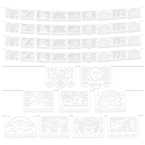 4Pack 12.4FT White Papel Picado Banner Plastic Mexican Party Banner