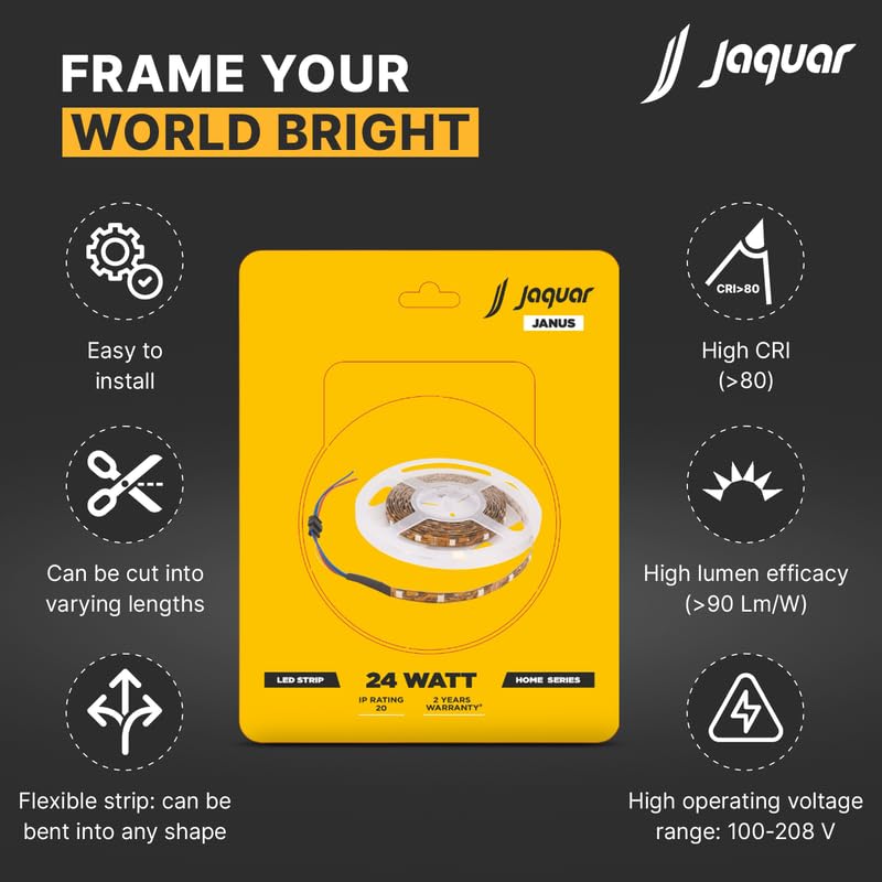 Image of Jaquar 24W Janus LED Strip Light | 5-Meter with 300 LED Strip Light for Home, Bedroom, Decoration & False Ceiling | Warm White | Pack of 1 (Driver Required Separately) | Indoor Lighting | IP20 Rating